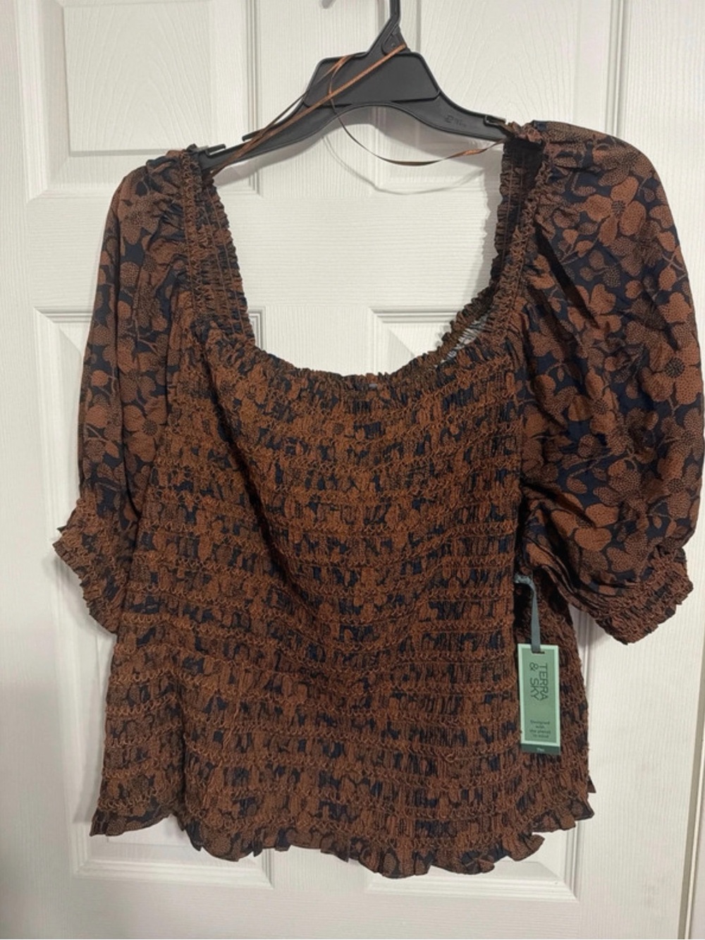 Terra & Sky Brown and Black Smocked Puff-Sleeve Blouse